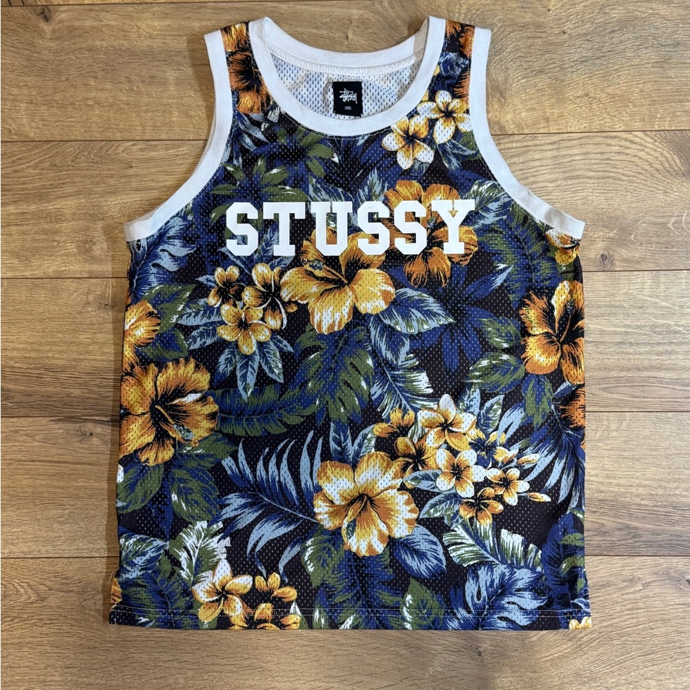 Stussy Mens Sz S Blue Island Flower Mesh Tank Top